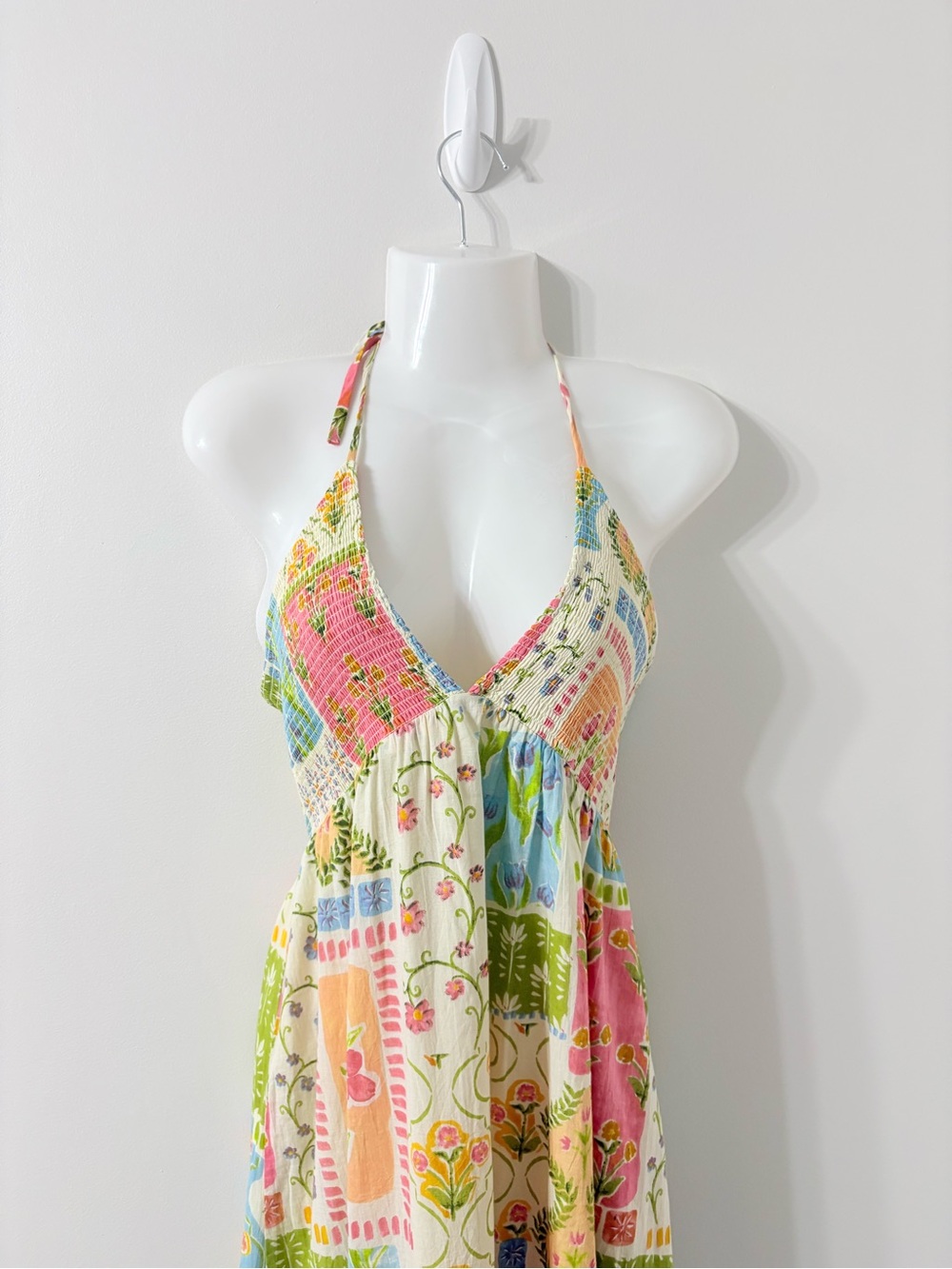 PATRONS OF PEACE Patchwork Halter Maxi Dress Boho Euro Summer Resort Vacation M - Picture 4 of 8